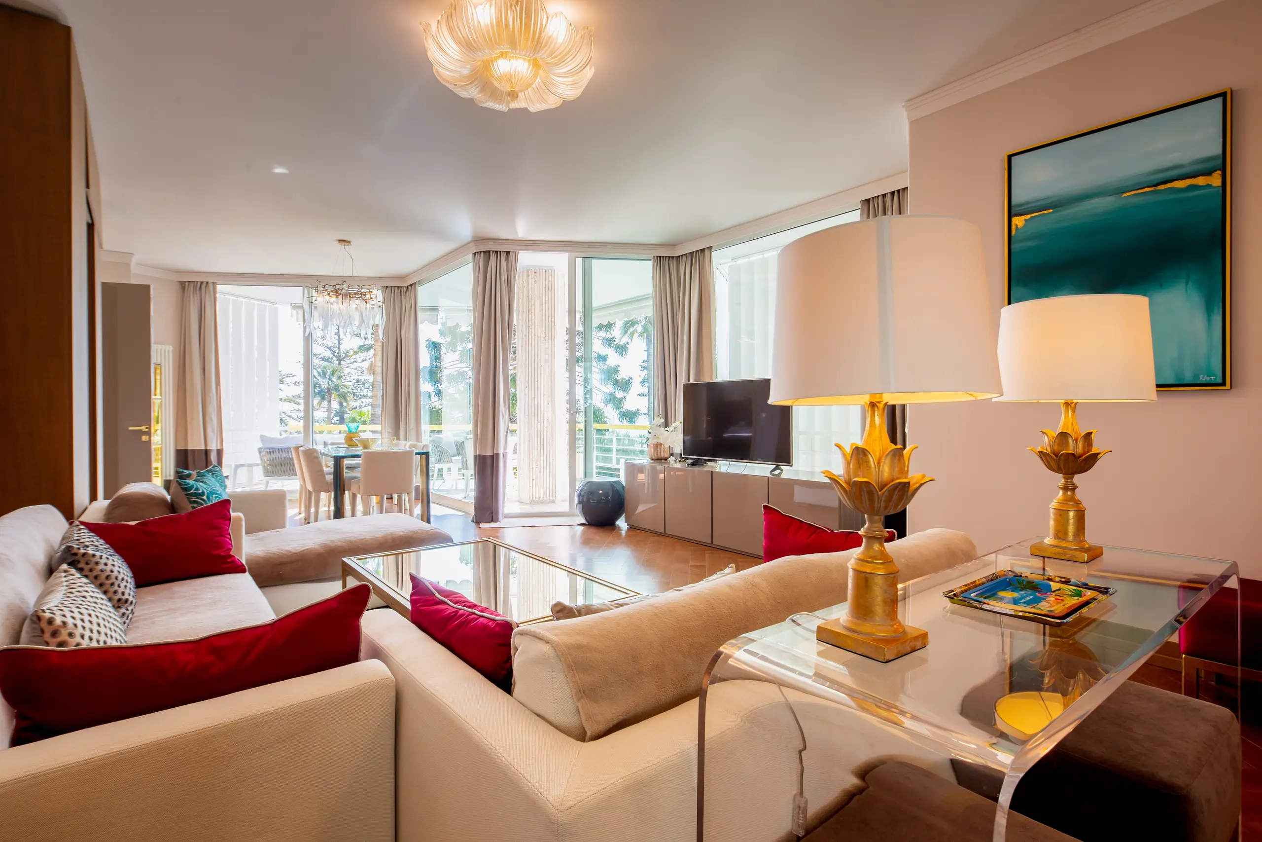 Lounge of a luxury apartment in Sanremo with terrace view